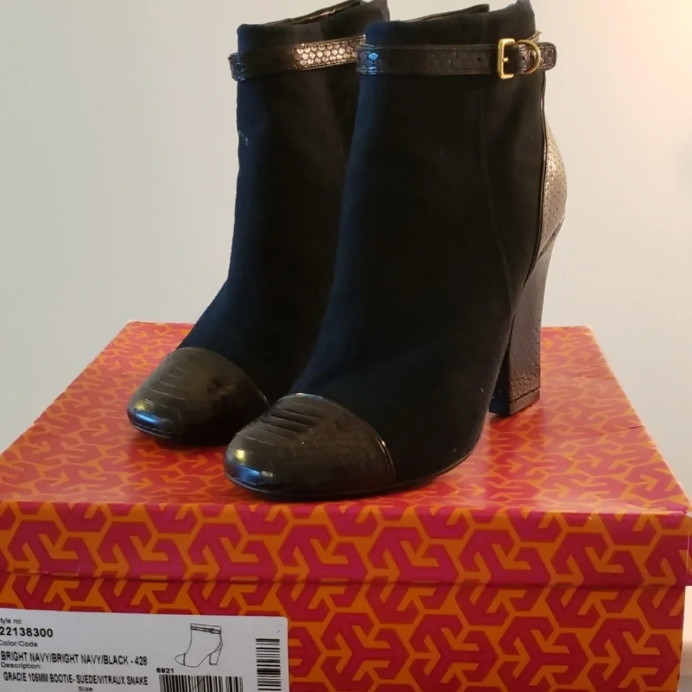 Tory Burch Black Suede & Snake-Embossed Ankle Booties